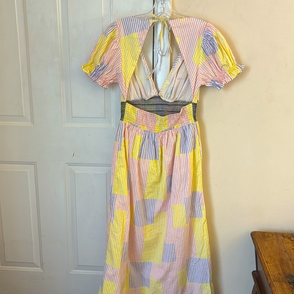 Urban Outfitters Liliana Side Slit Midi Dress Puff Sleeve patchwork striped Sz M - Picture 4 of 16